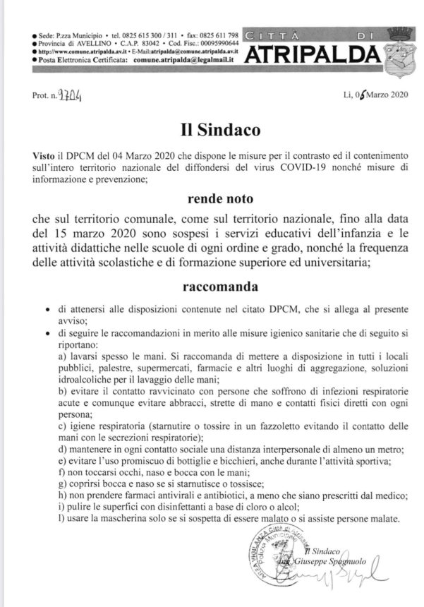 Coronavirus, chiuse le scuole ordinanza sindaco